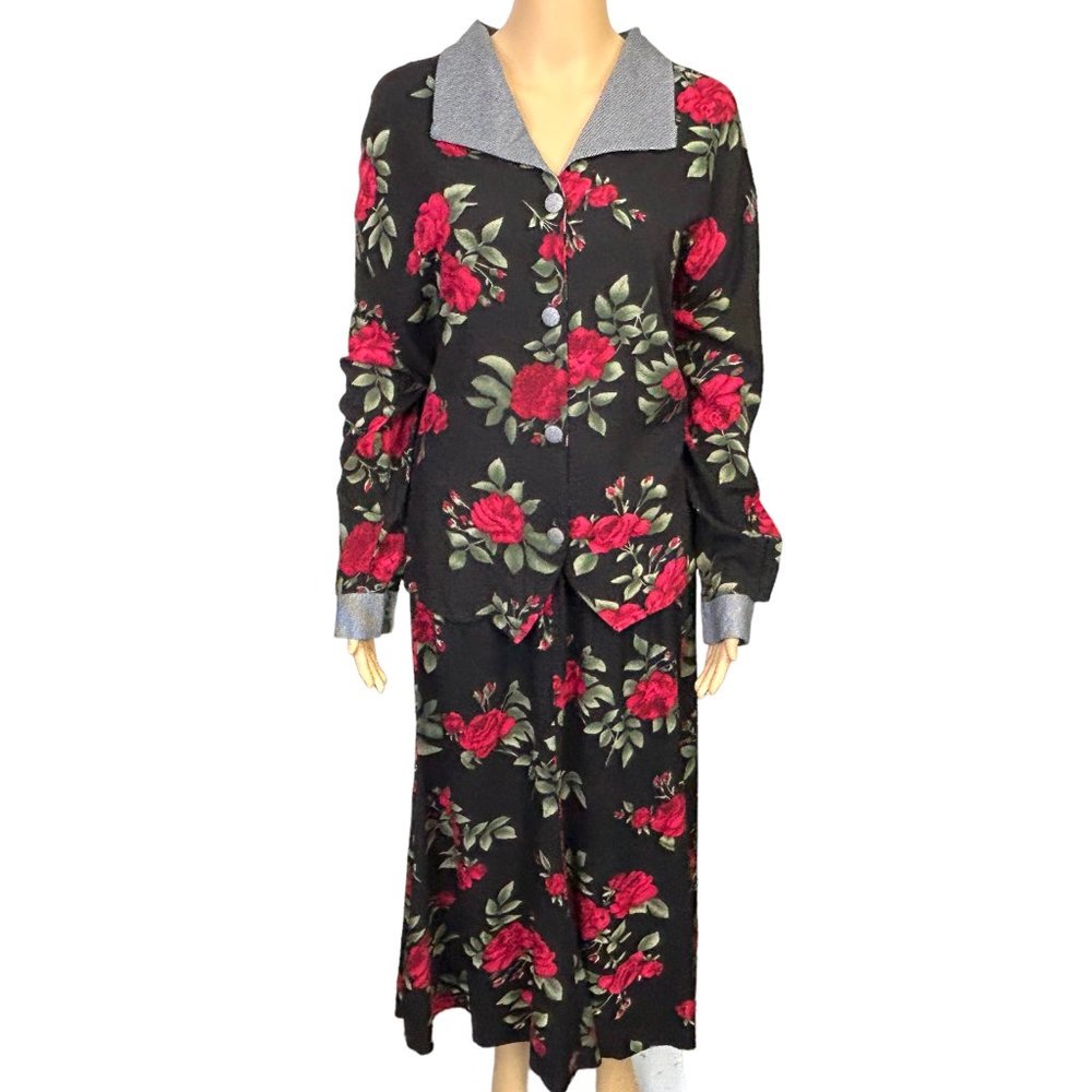 Vintage Jessica Scott Woman Womens 22W Black Red‎ Floral Blouse & Skirt Set